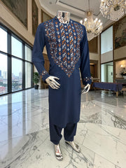 Medium Navy Blue Afghan Men’s Parahan Tunban Set – Hand Embroidery & Mirror Work with Matching Chadder/patto