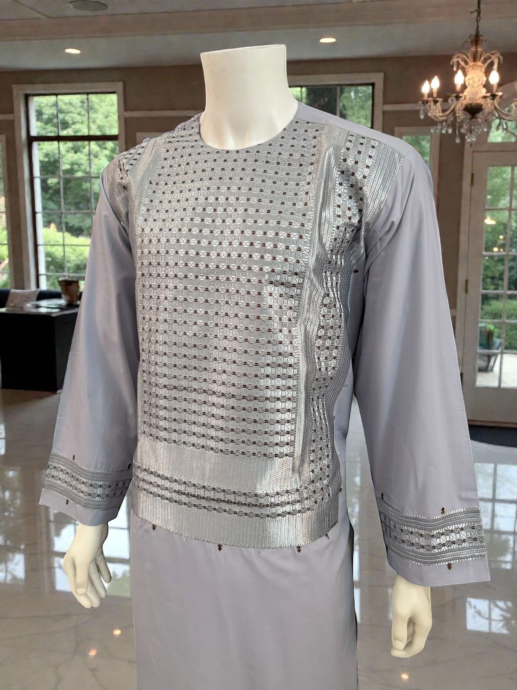 XL Afghan Men’s Kameez – Pale Lilac with Silver & Brown Embroidery | High-Quality Traditional Outfit