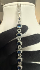 Royal Blue Oval Crystal Link Bracelet – Silver-Tone Halo Statement Bracelet for Women 7126