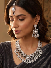 American Diamond Necklace, Earrings & Maang Tikka Jewelry Set – 7 Colors