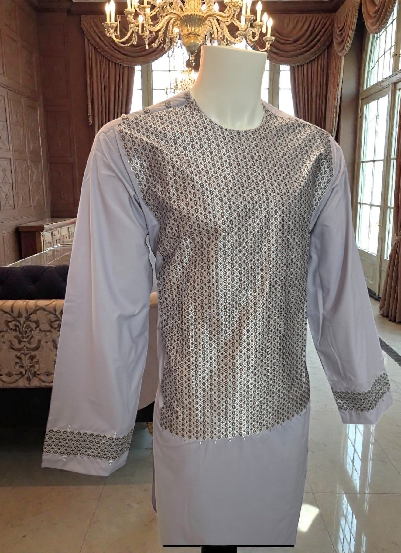 X-Large Lavender Afghan Parahan Tunban for Men with Machine Embroidery