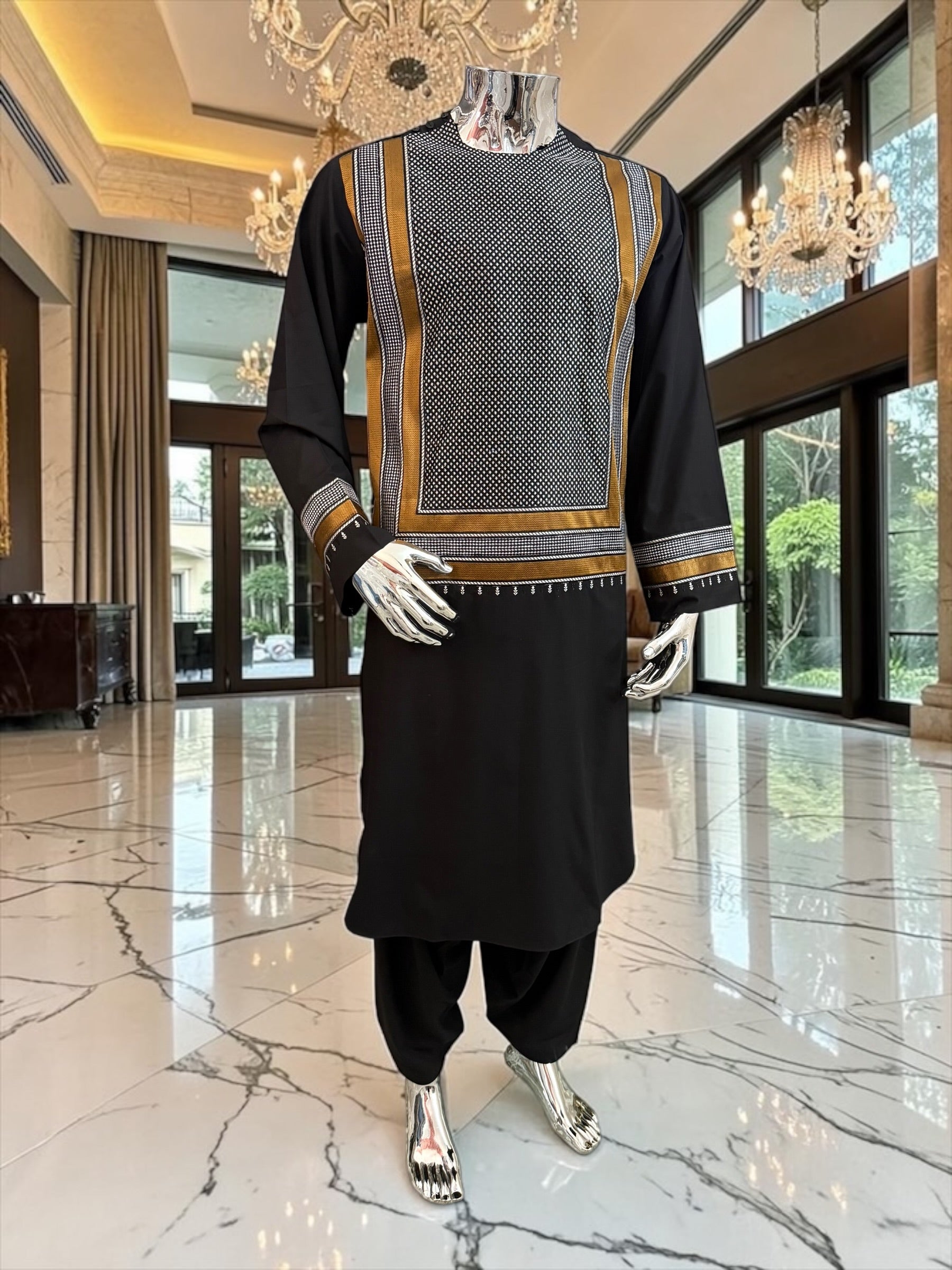 Large Men’s Black Parahan Tunban with White & Bronze Embroidery | Premium Afghan Traditional Wear – Luqmaan Boutique