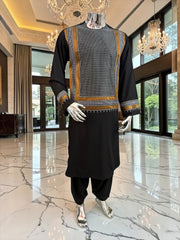 Large Men’s Black Parahan Tunban with White & Bronze Embroidery | Premium Afghan Traditional Wear – Luqmaan Boutique