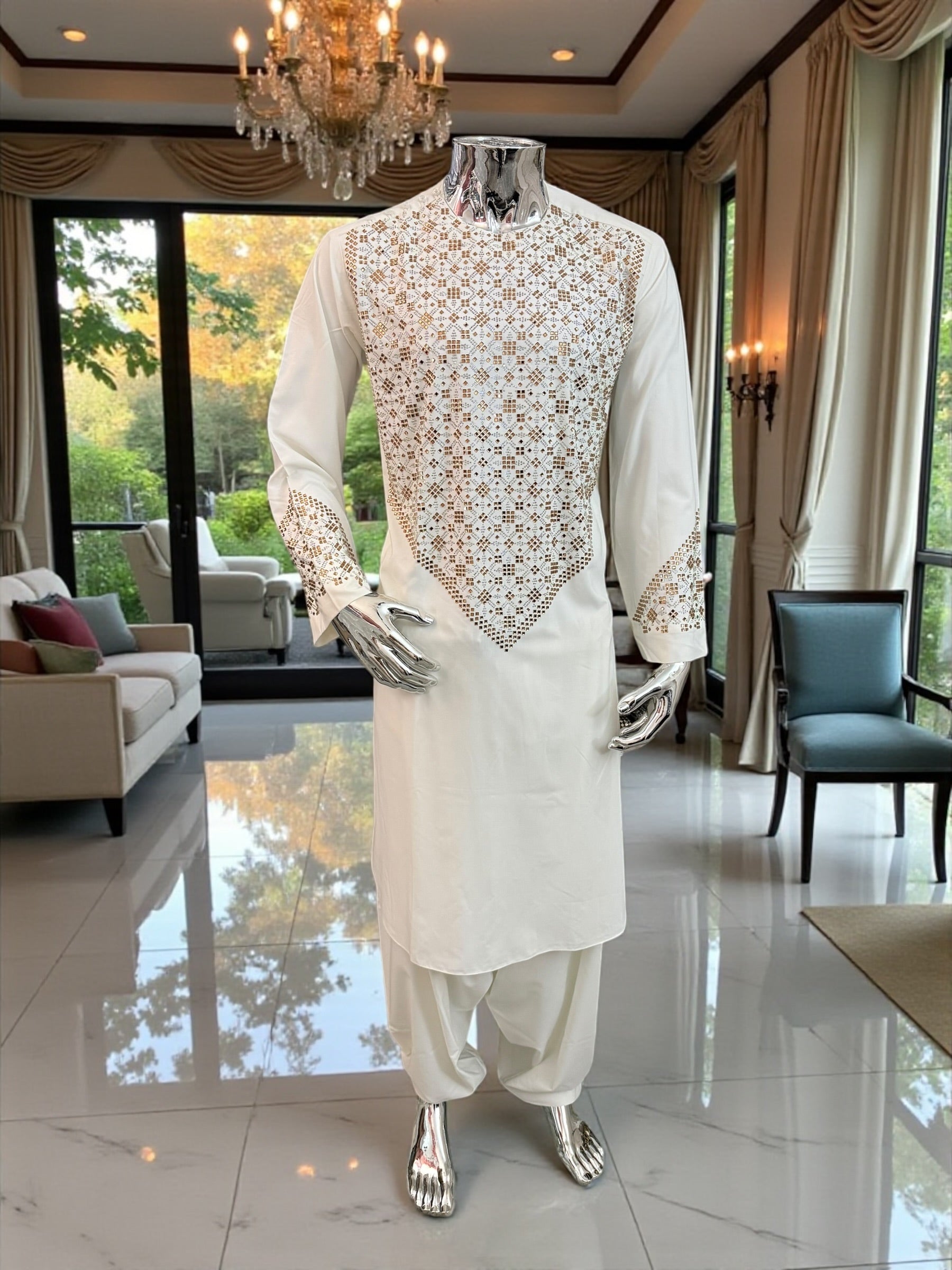 XL Off-White Afghan Kameez 3-Piece Set with Gold Shesha Work | Traditional Men’s Outfit