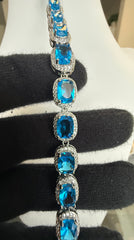 Aqua Blue Cushion-Cut Crystal Halo Tennis Bracelet – Silver-Tone Statement Jewelry 7115