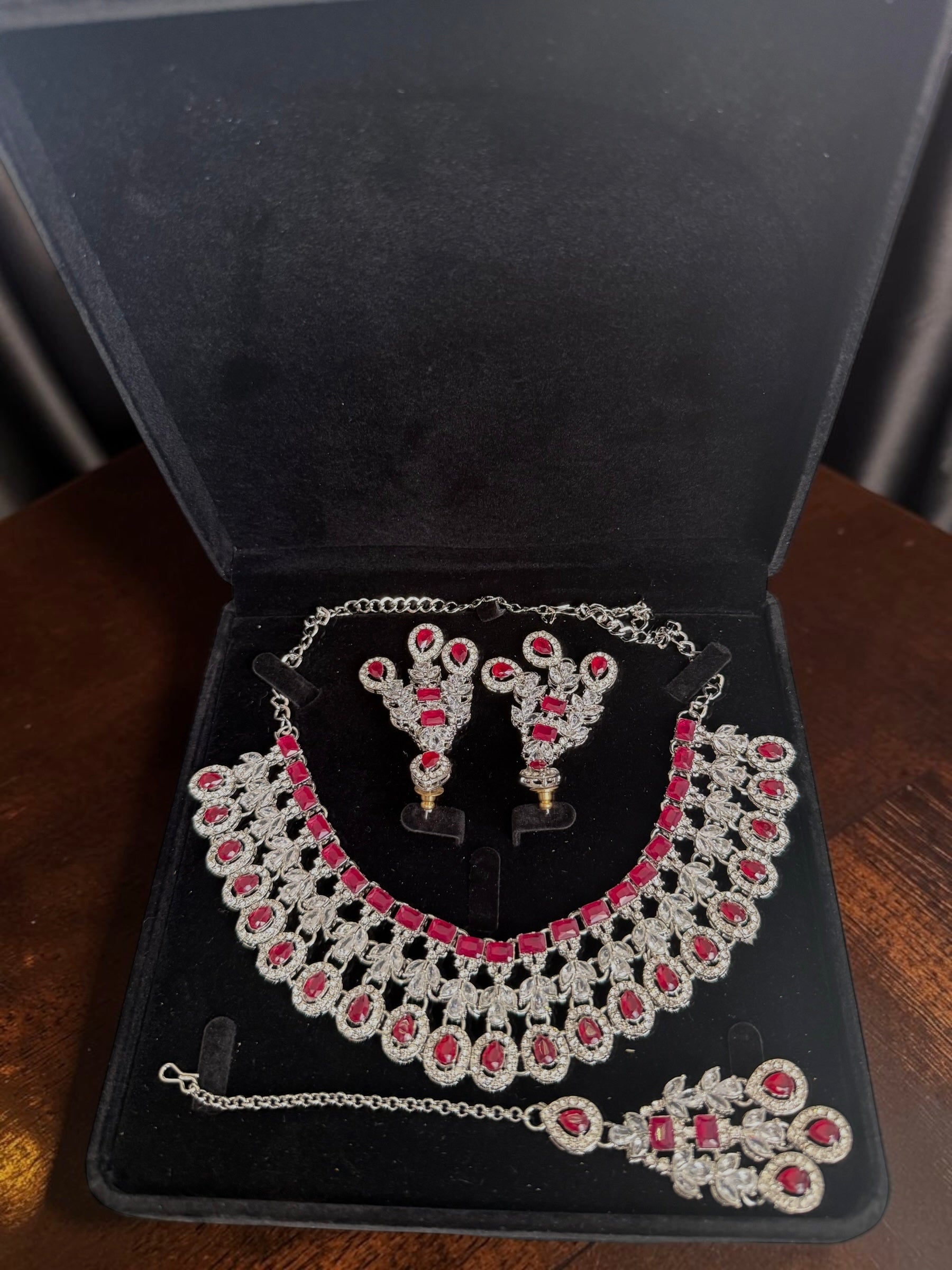 Luxury Ruby Red American Diamond Bridal Jewelry Set with Maang Tikka | Premium Brass Statement Necklace & Earrings Gift Box Included 6038
