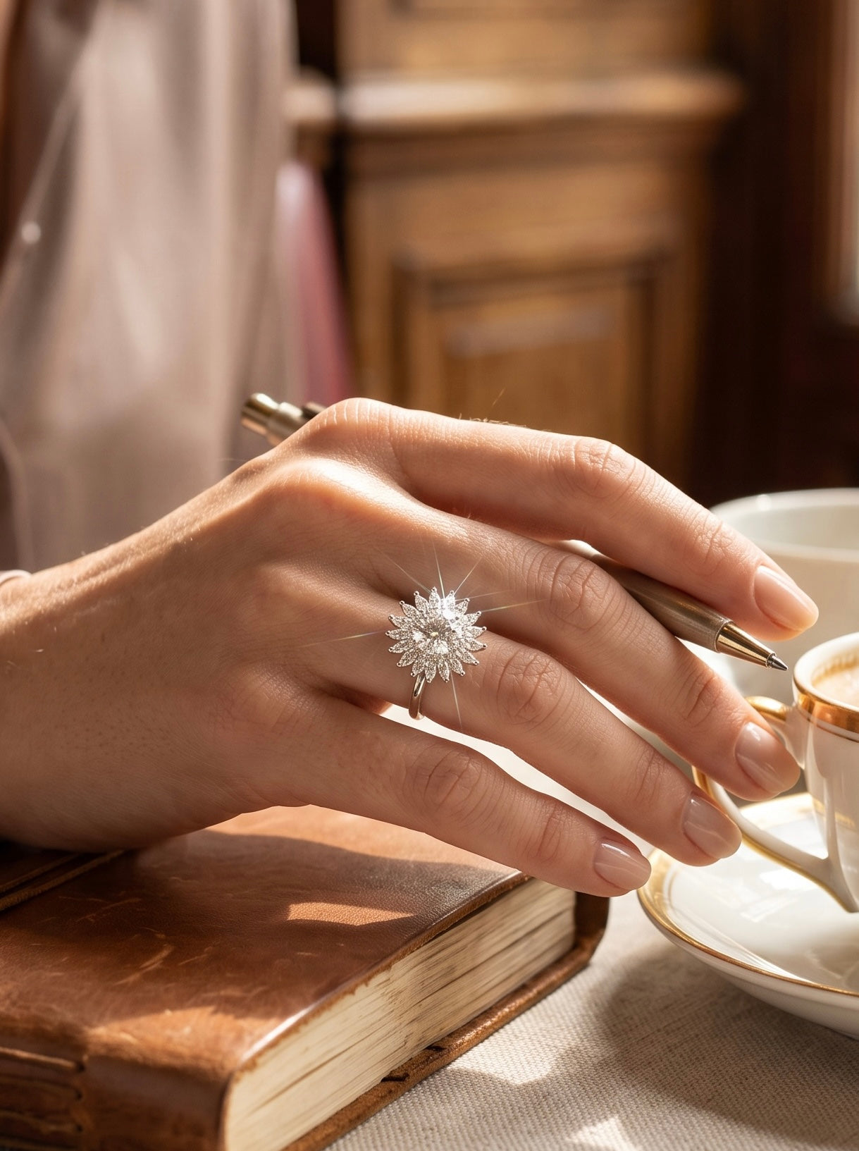 S925 Sterling Silver Sunburst Halo Moissanite Ring – Size 9 | Floral Statement Engagement Ring | Gift for Her 045