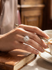 S925 Sterling Silver Sunburst Halo Moissanite Ring – Size 9 | Floral Statement Engagement Ring | Gift for Her 045