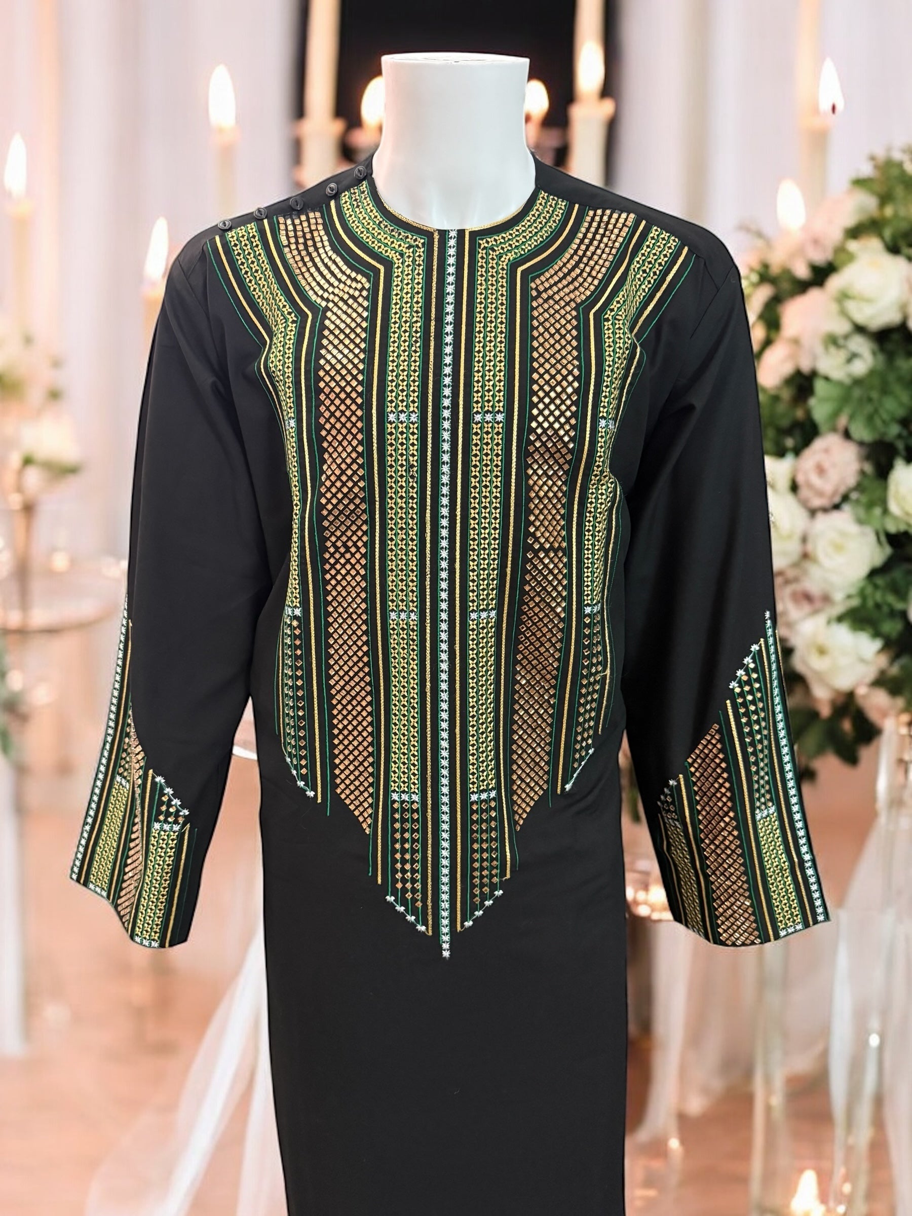 Afghan Parahan Tunban for Men Black Gold and Green Shesha Mirror Work Machine Embroidered Large