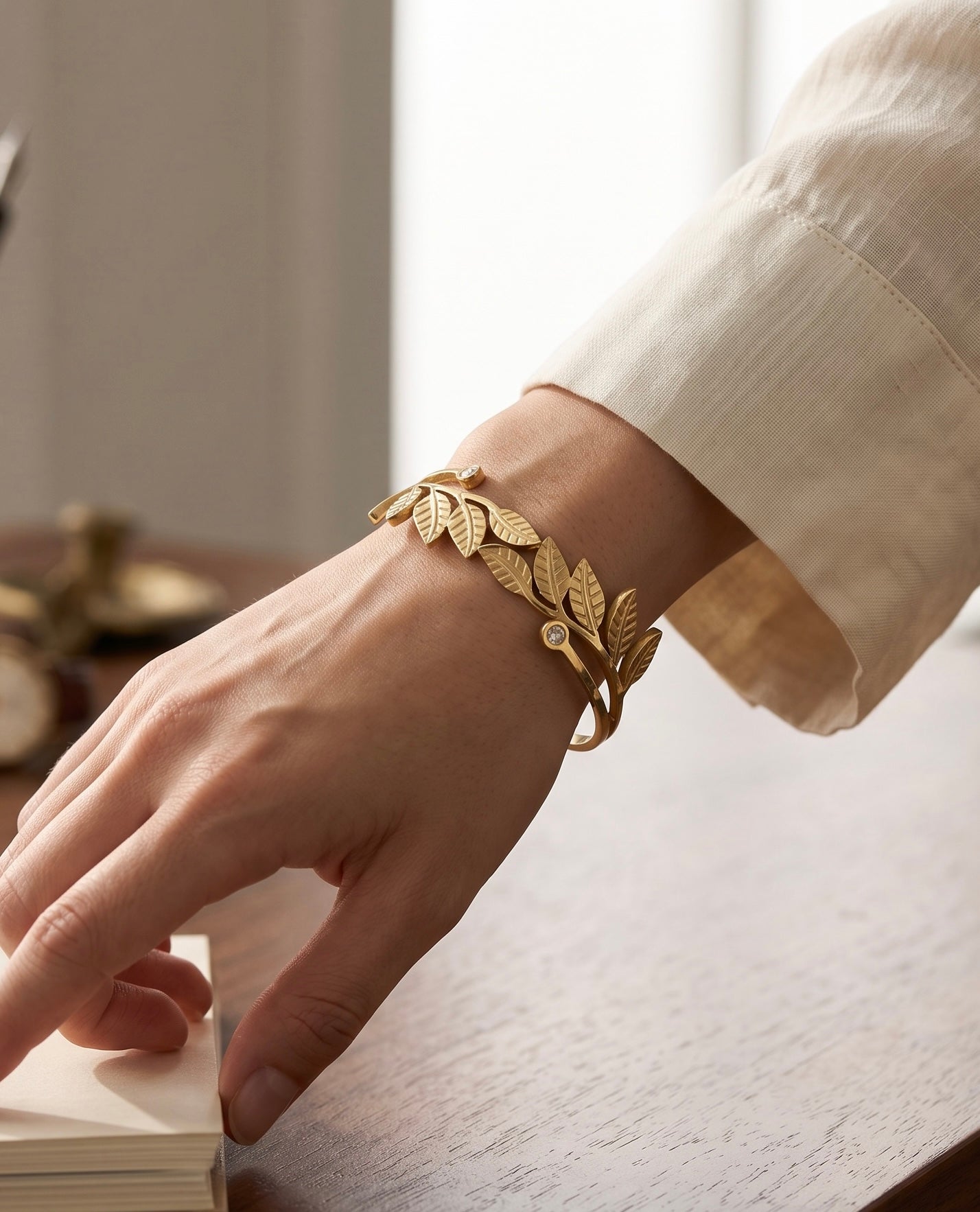 Gold Tone Leaf Vine Stretch Open Bangle Bracelet with Clear Stone Accents 8060