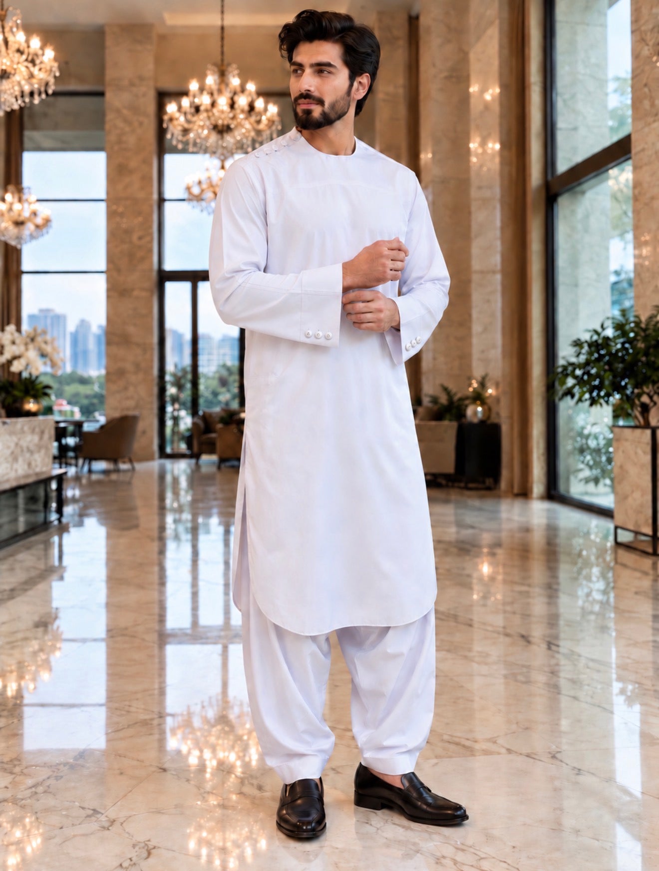 Men’s White Shoulder-Button Parahan Tunban – Small To XL