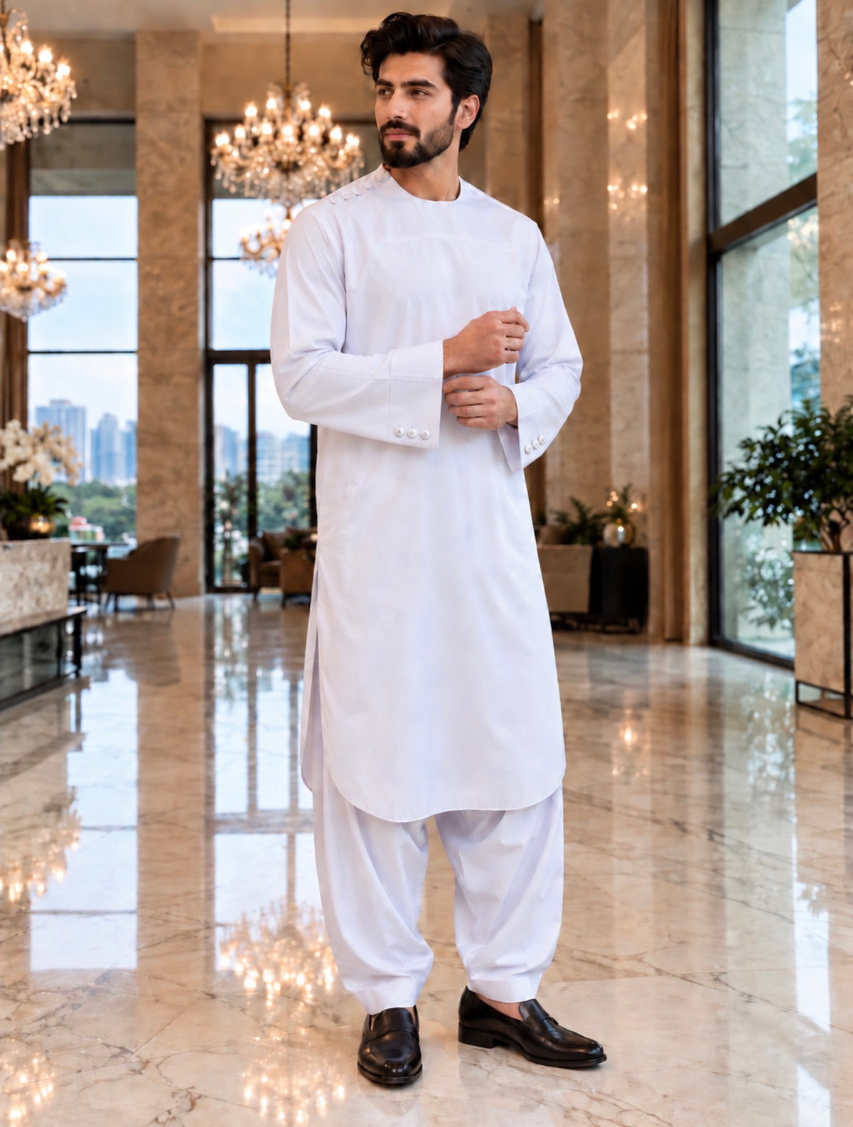 Men’s White Shoulder-Button Parahan Tunban – Small To XL