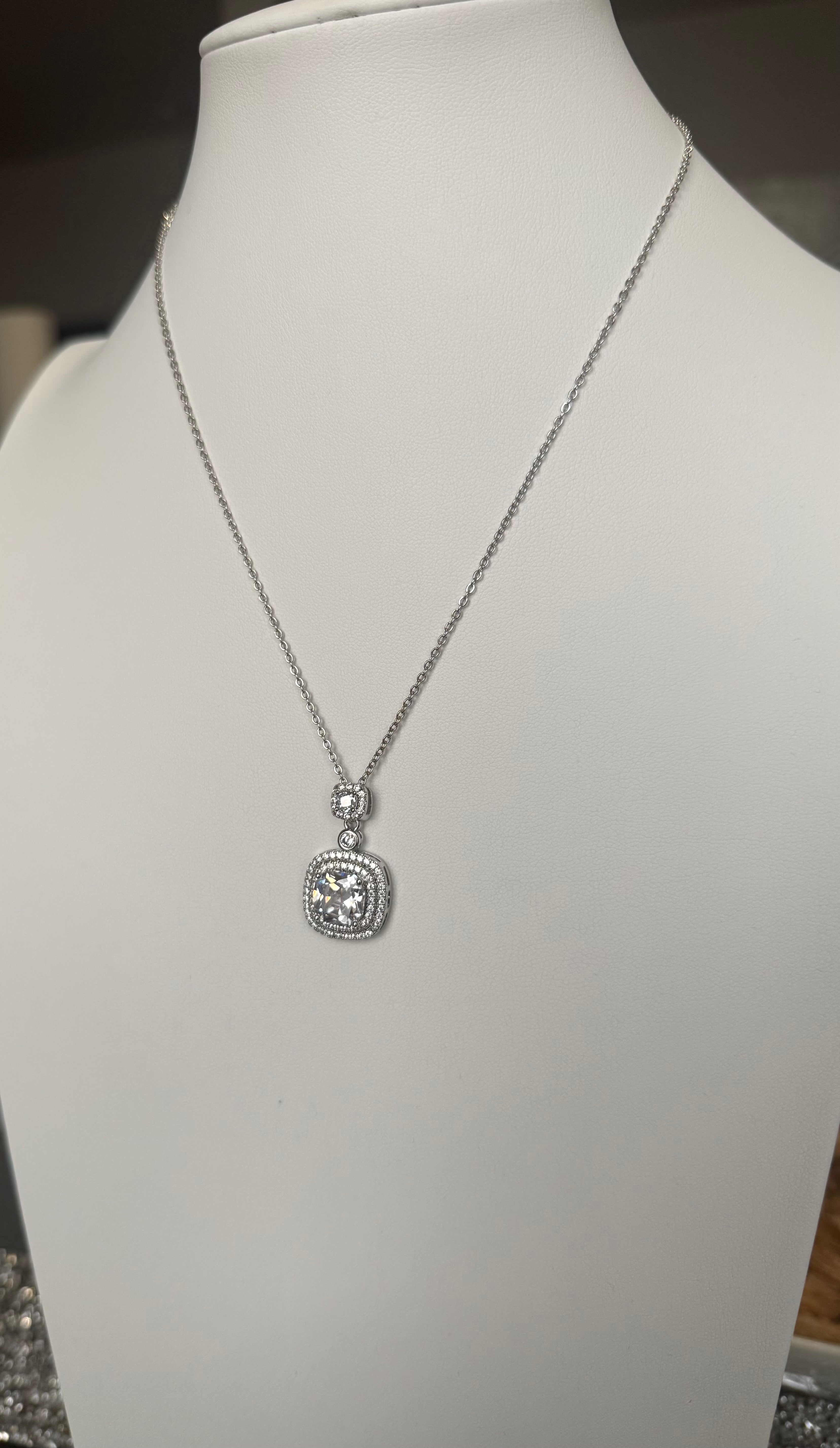 Cushion Cut Double Halo Pendant Necklace – Silver Tone Sparkling Statement Jewelry 7153
