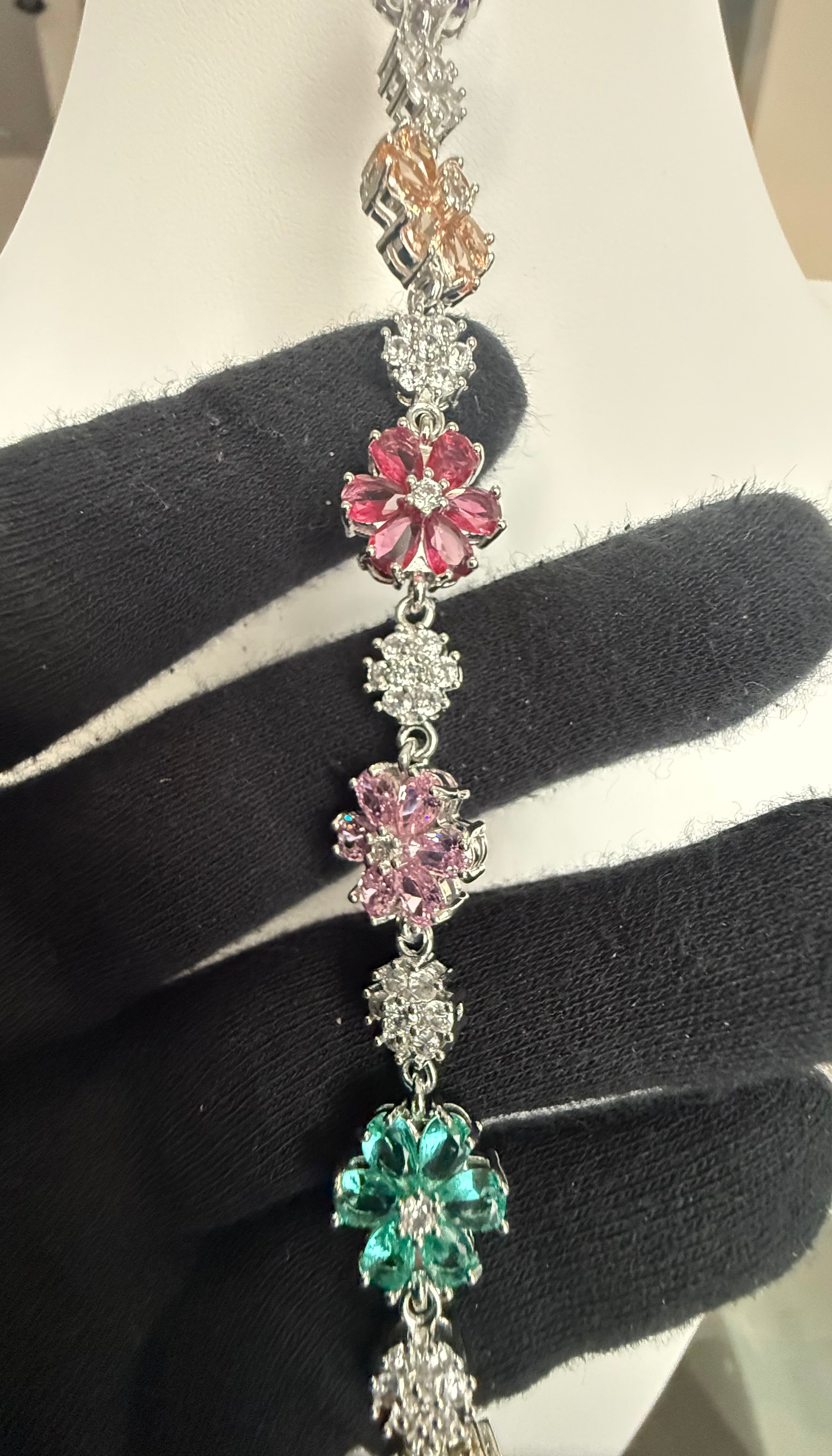 Multicolor Crystal Flower Bracelet – Silver-Tone Floral Statement Bracelet for Women 7129