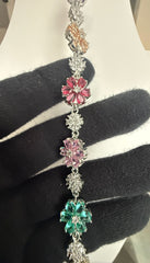 Multicolor Crystal Flower Bracelet – Silver-Tone Floral Statement Bracelet for Women 7129