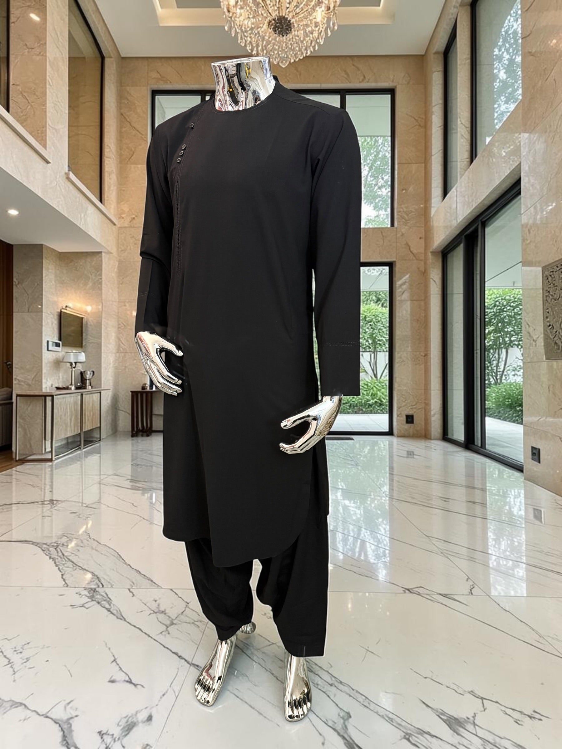 Men’s Black Qasimi Parahan Tunban – Traditional Afghan 2-Piece Outfit, Small–XL