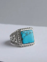 Vintage Turquoise Stone Signet Ring – Silver Tone Statement Ring