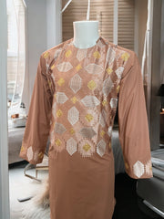 Afghan Parahan Tunban with Machine Khamakdozi Embroidery – Warm Rose Gold White – Medium