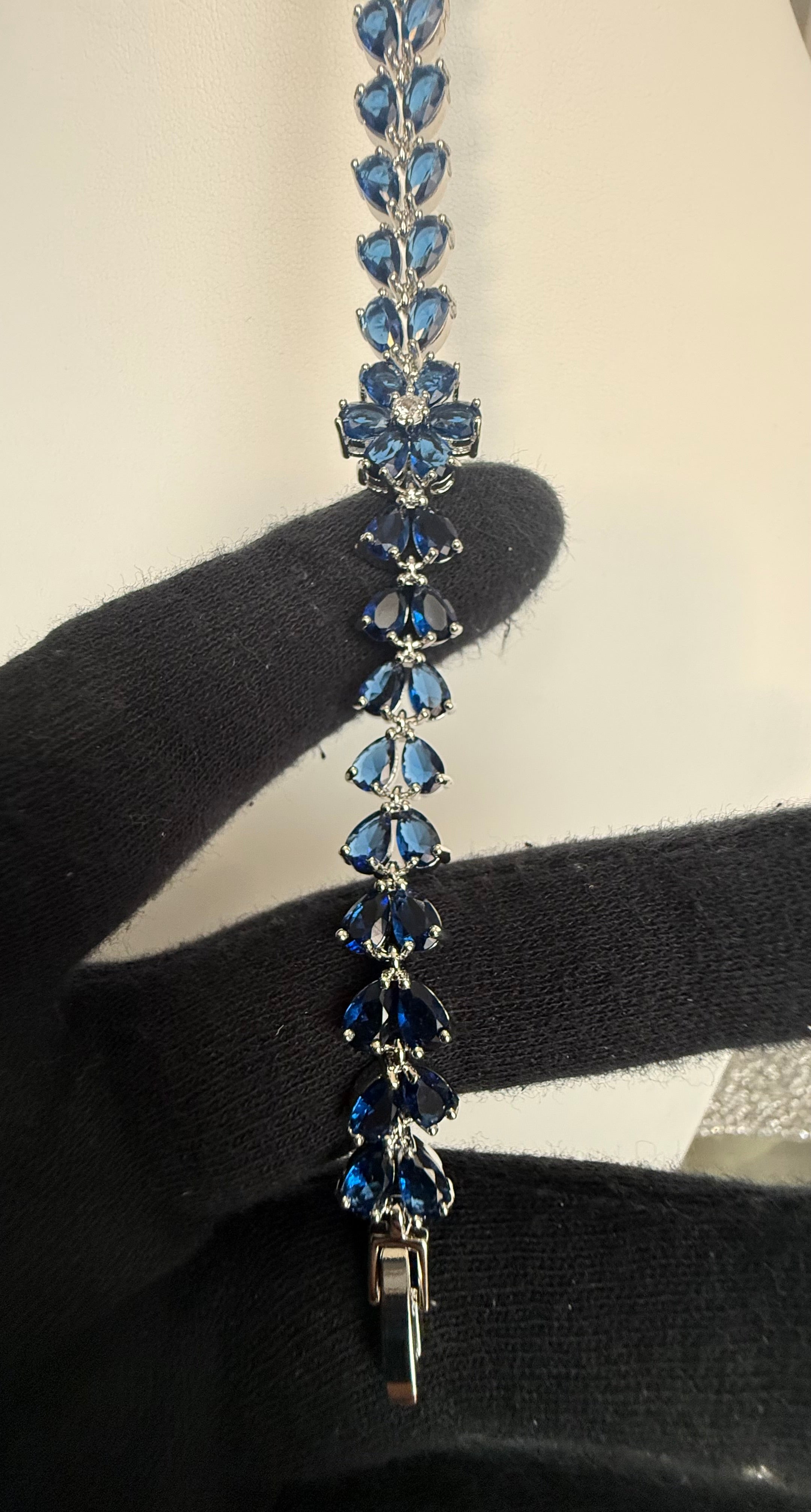 Sapphire Blue Crystal Floral Tennis Bracelet – Silver-Tone Pear Cut Flower Bracelet for Women 7131