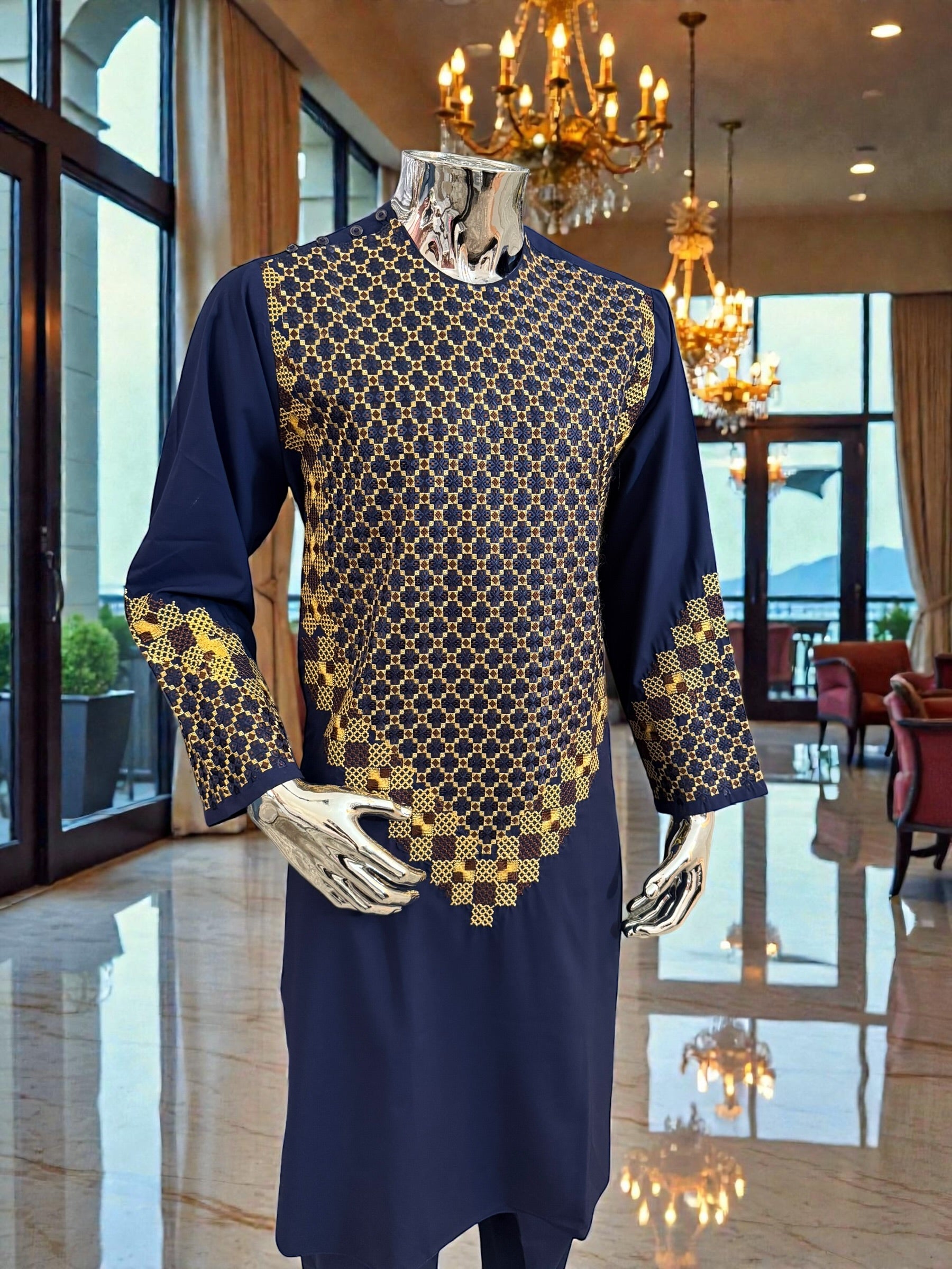 Men’s Navy Blue Kameez – Navy with Gold Machine Embroidery | XL Size Afghan Traditional Wear