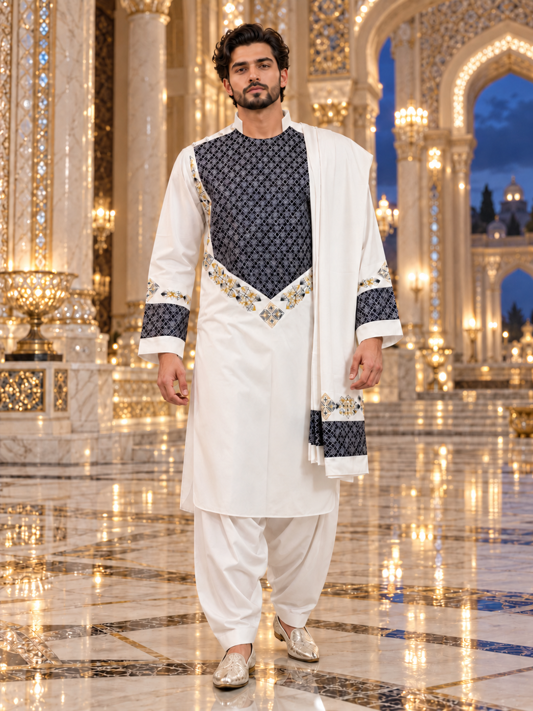 Off-White Afghan Men’s Parahan Tunban with Navy Geometric Fabric & Shawl – S–XL
