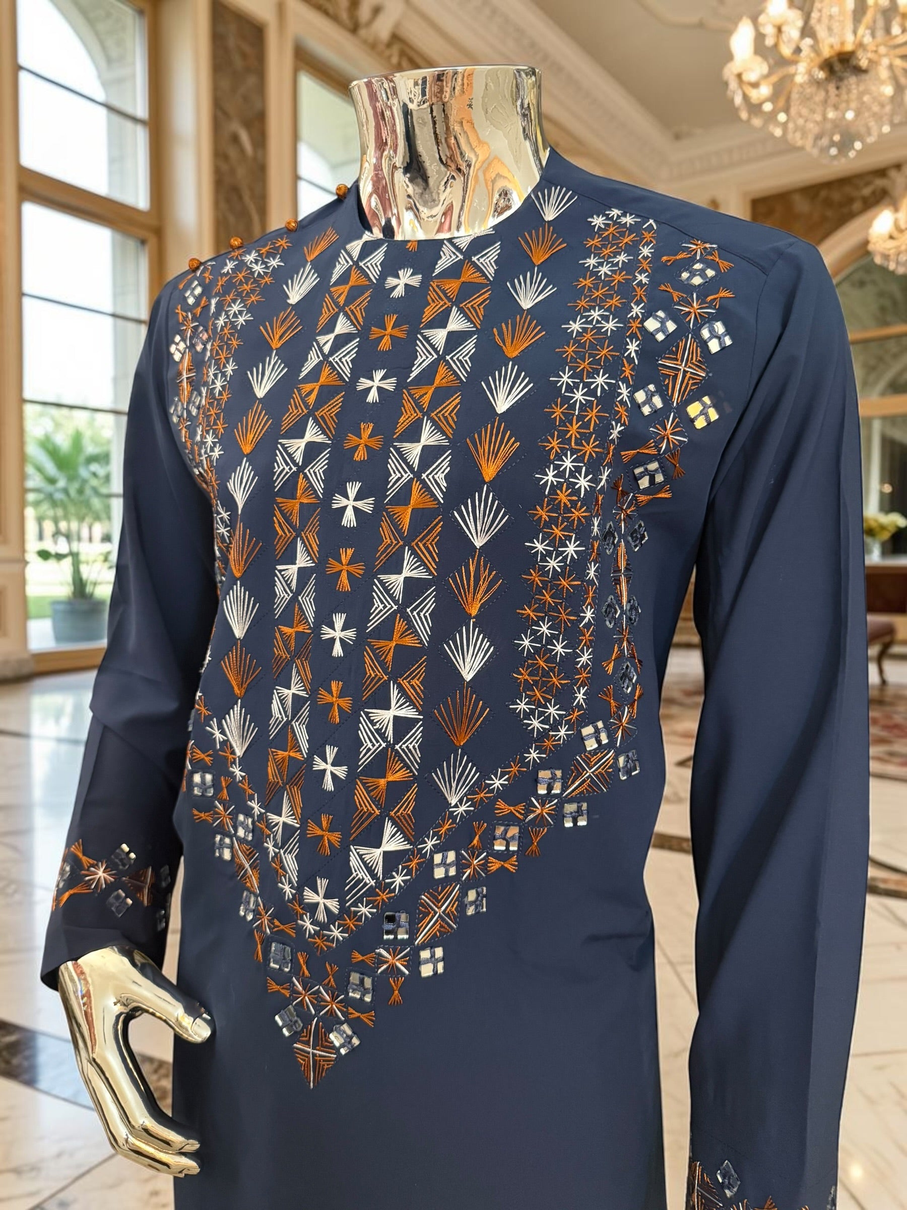 Medium Navy Blue Afghan Men’s Parahan Tunban Set – Hand Embroidery & Mirror Work with Matching Chadder/patto