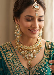Aqua Blue Indian Pakistani Afghan Bridal Jewelry Set with Earrings & Maang Tikka | Gold Tone Crystal Rhinestone Necklace Set | Gift Box Included 7011