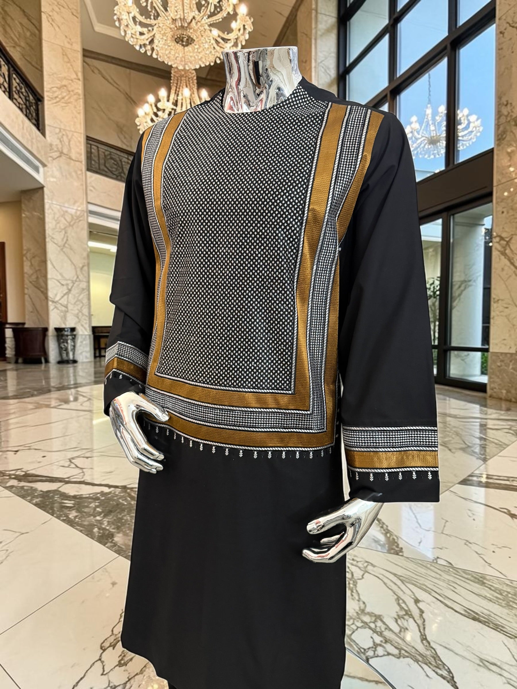 Large Men’s Black Parahan Tunban with White & Bronze Embroidery | Premium Afghan Traditional Wear – Luqmaan Boutique