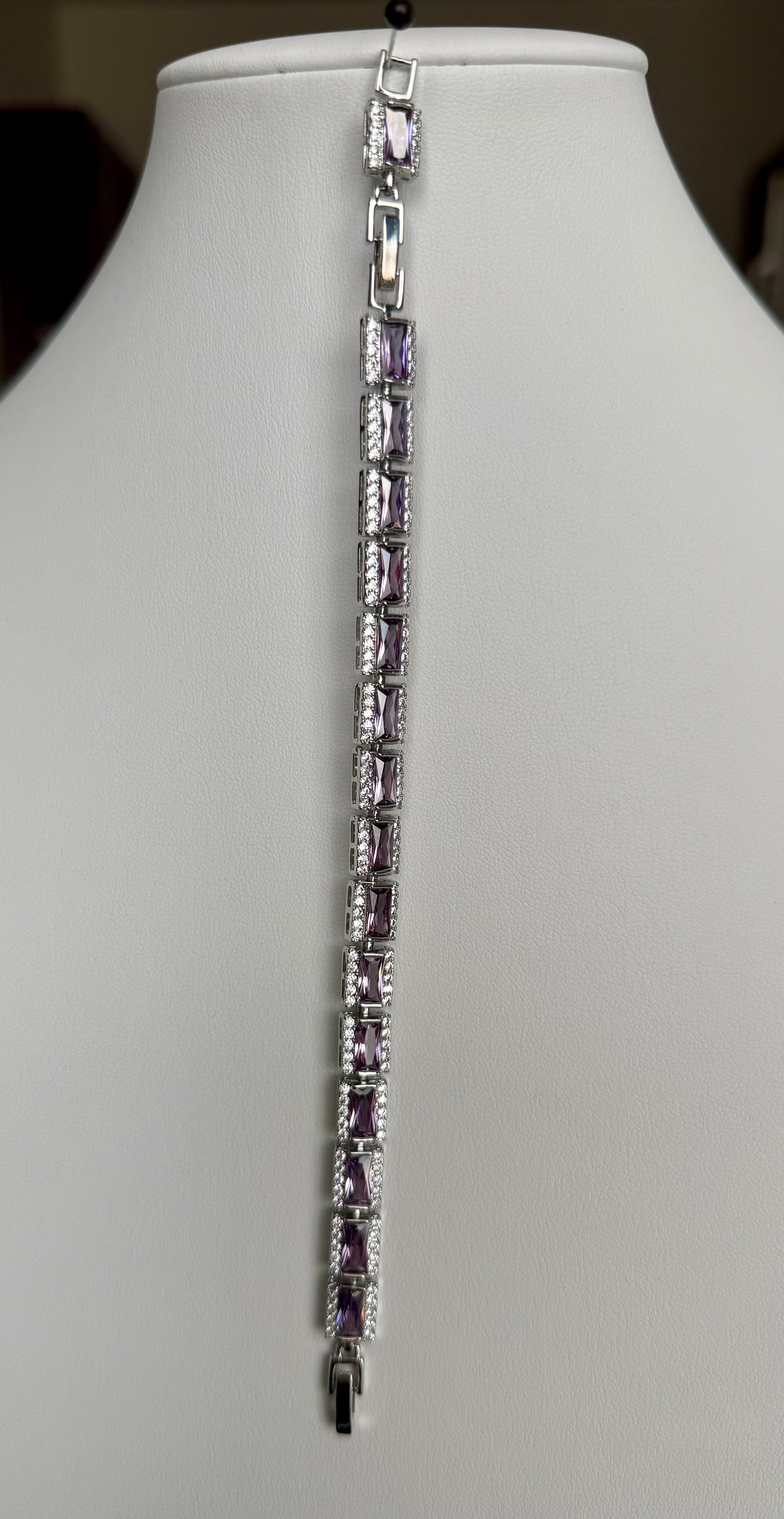 Lavender Emerald-Cut Crystal Halo Bracelet – Silver Tone Statement Jewelry 7089