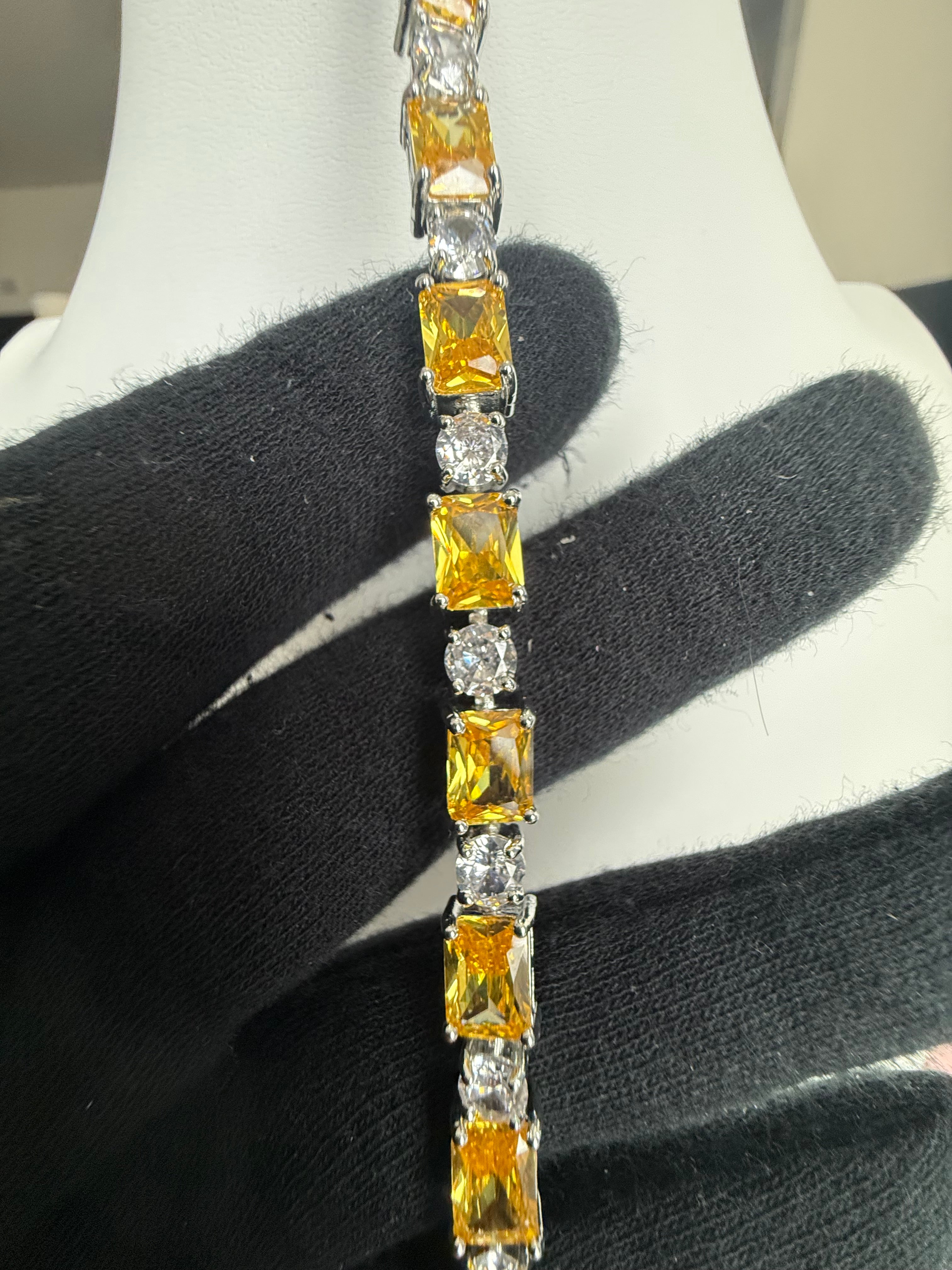 Yellow Emerald-Cut Crystal Tennis Bracelet – Silver Tone Statement Bracelet 7143