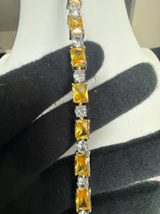 Yellow Emerald-Cut Crystal Tennis Bracelet – Silver Tone Statement Bracelet 7143