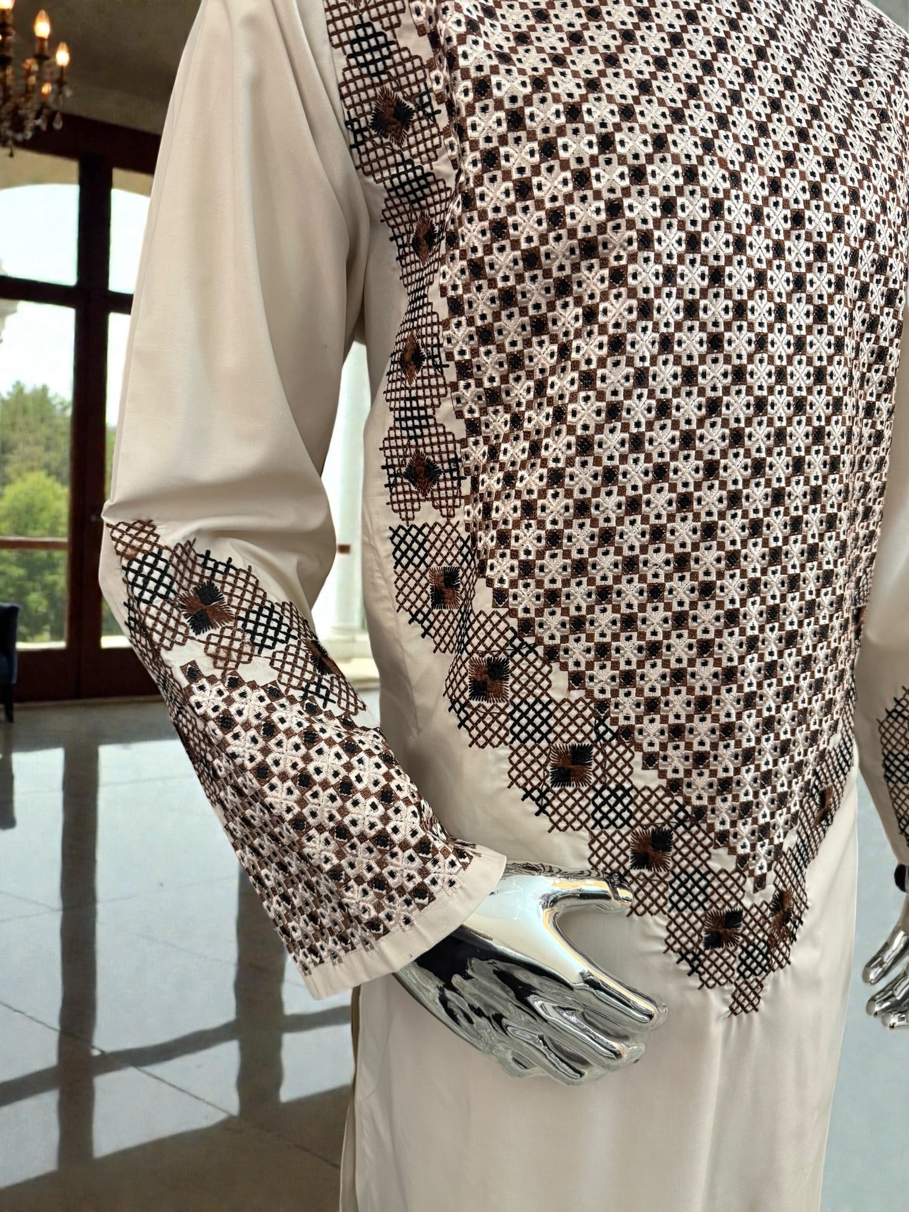 Men’s Cream Kameez with Brown and Black Embroidery – Large  fabric defect special price