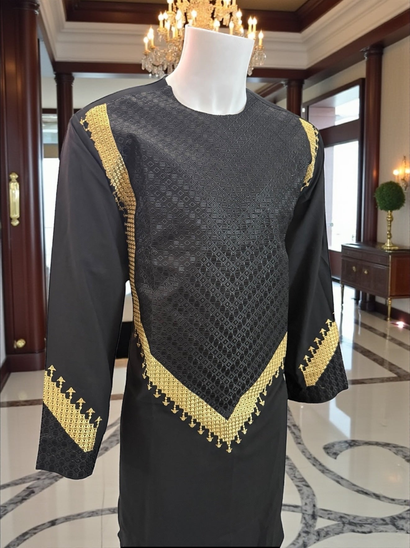 Men’s Black Designer Parahan Tumban with Gold Embroidery | Luxury Afghan Traditional Outfit – XL