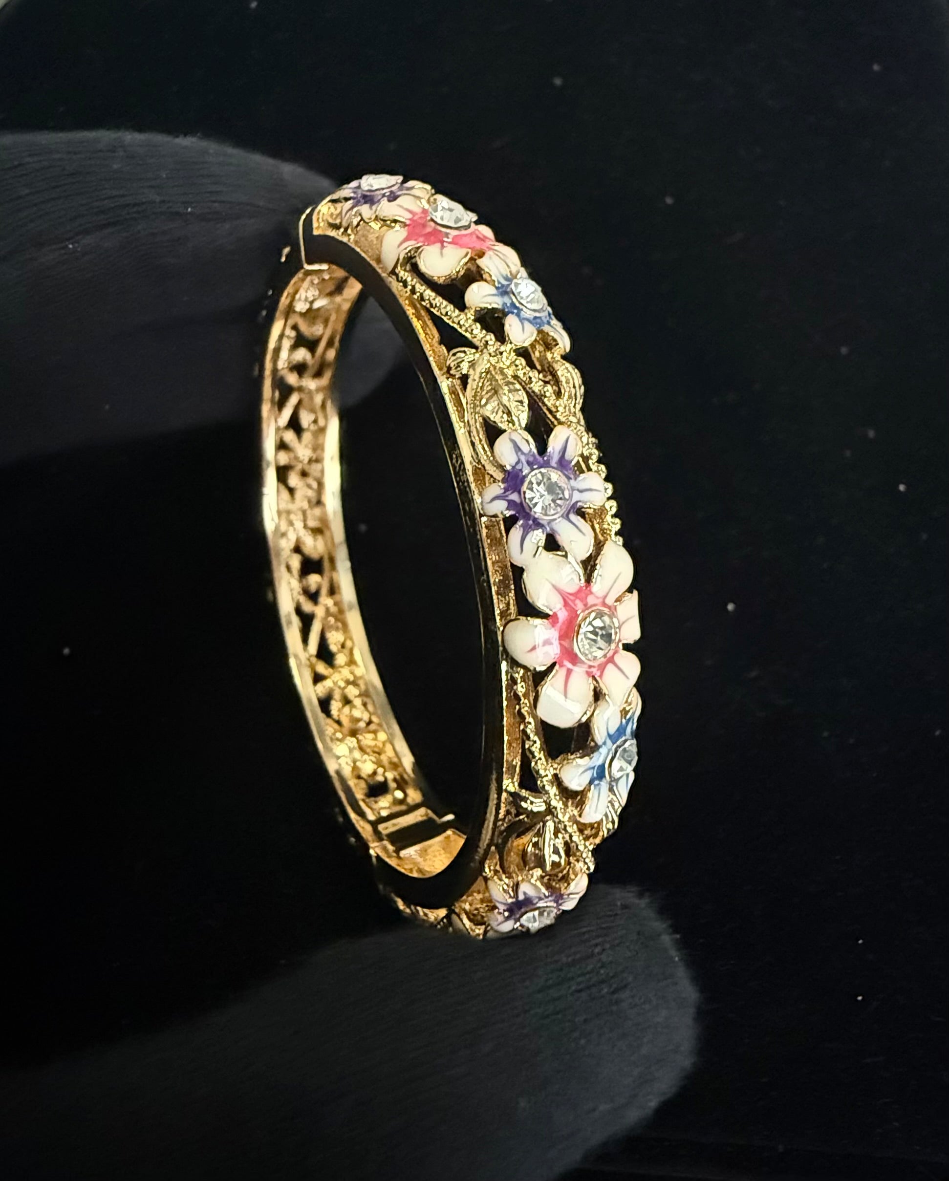Gold-Tone Floral Enamel Openable Bangle Bracelet for Women