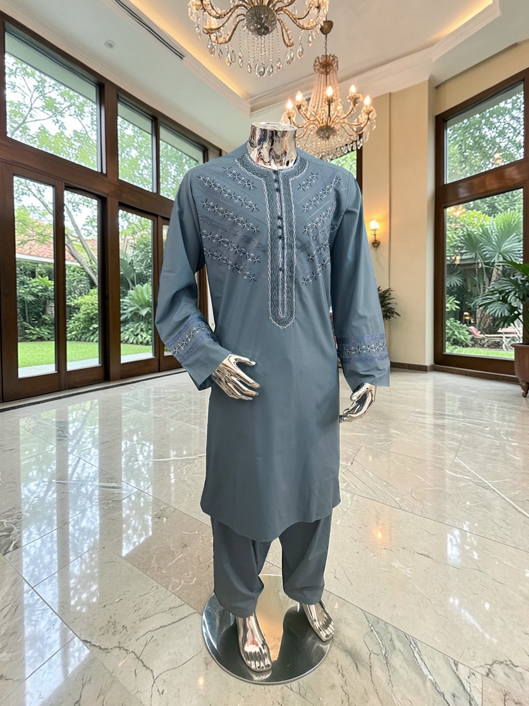 X-Large Teal Afghan Parahan Tunban with Hand Embroidery Traditional Men’s Outfit