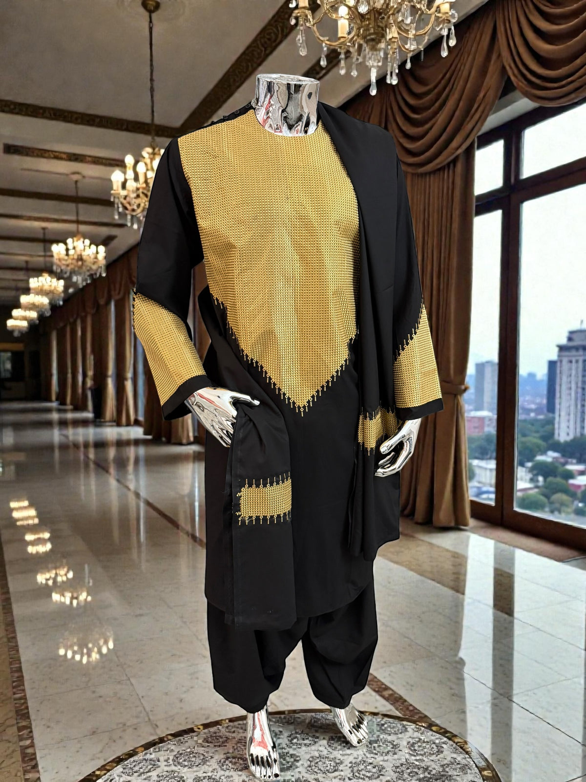 Men’s Black Parahan Tumban with Gold Embroidery & Matching Shawl | Afghan Traditional Outfit Large to X-Large