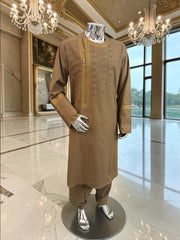 Medium Afghan Parahan Tunban Kameese Shalwar Brown Hand Embroidery