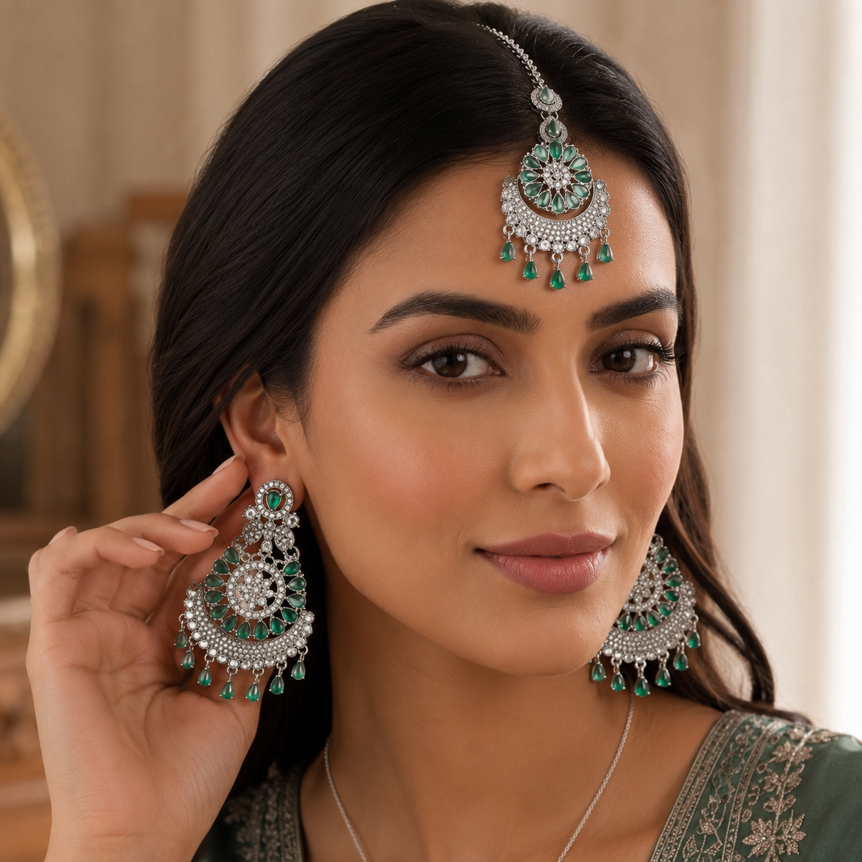 Indian Pakistani Afghan American Diamond Earrings with Maang Tikka Set | Bridal Chandbali Earrings | Wedding Jewelry Gift | 6 Color Options