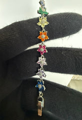 Multicolor Floral Crystal Bracelet – Rainbow Five-Petal Flower Silver-Tone Bracelet 7120
