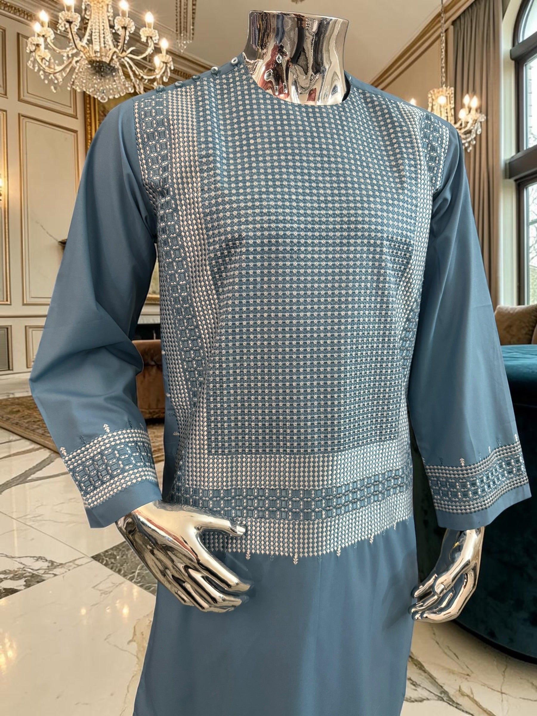 Medium Steel Blue Embroidered Men’s Parahan Tunban Yakhandozi – Premium Traditional Suit