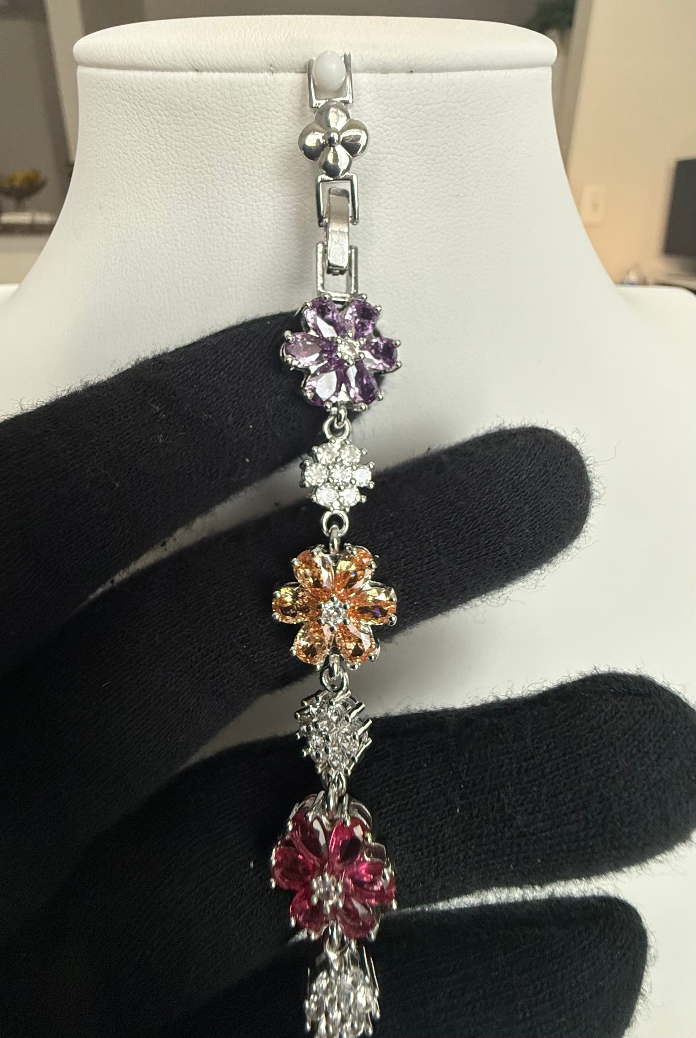 Multicolor Crystal Flower Bracelet – Silver-Tone Floral Statement Bracelet for Women 7129