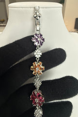 Multicolor Crystal Flower Bracelet – Silver-Tone Floral Statement Bracelet for Women 7129