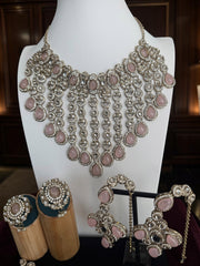 Luxury 6-Piece Blush Pink Indian Bridal Jewelry Set – Kundan Necklace, Earrings, Sheeshphool, Nath & 2 Adjustable Rings | Brass Alloy | 2 Gift Boxes 6063