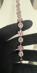 Pink Floral Crystal Link Bracelet – Silver-Tone Flower & Halo Statement Bracelet for Women 7123