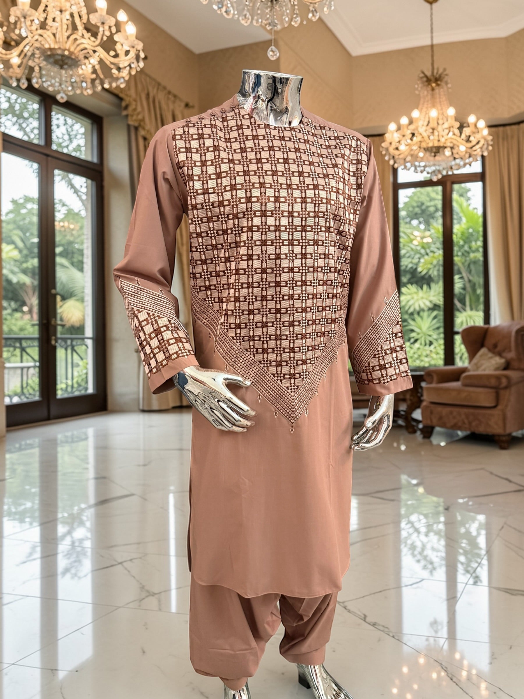 Small Men’s Tan Parahan Tumban with White & Tan Embroidery Afghan Kameese shalwar