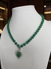 Natural Green Agate Beaded Necklace with Oval Pendant – Silver-Plated Brass and Zirconia Accent Statement Jewelry 6009