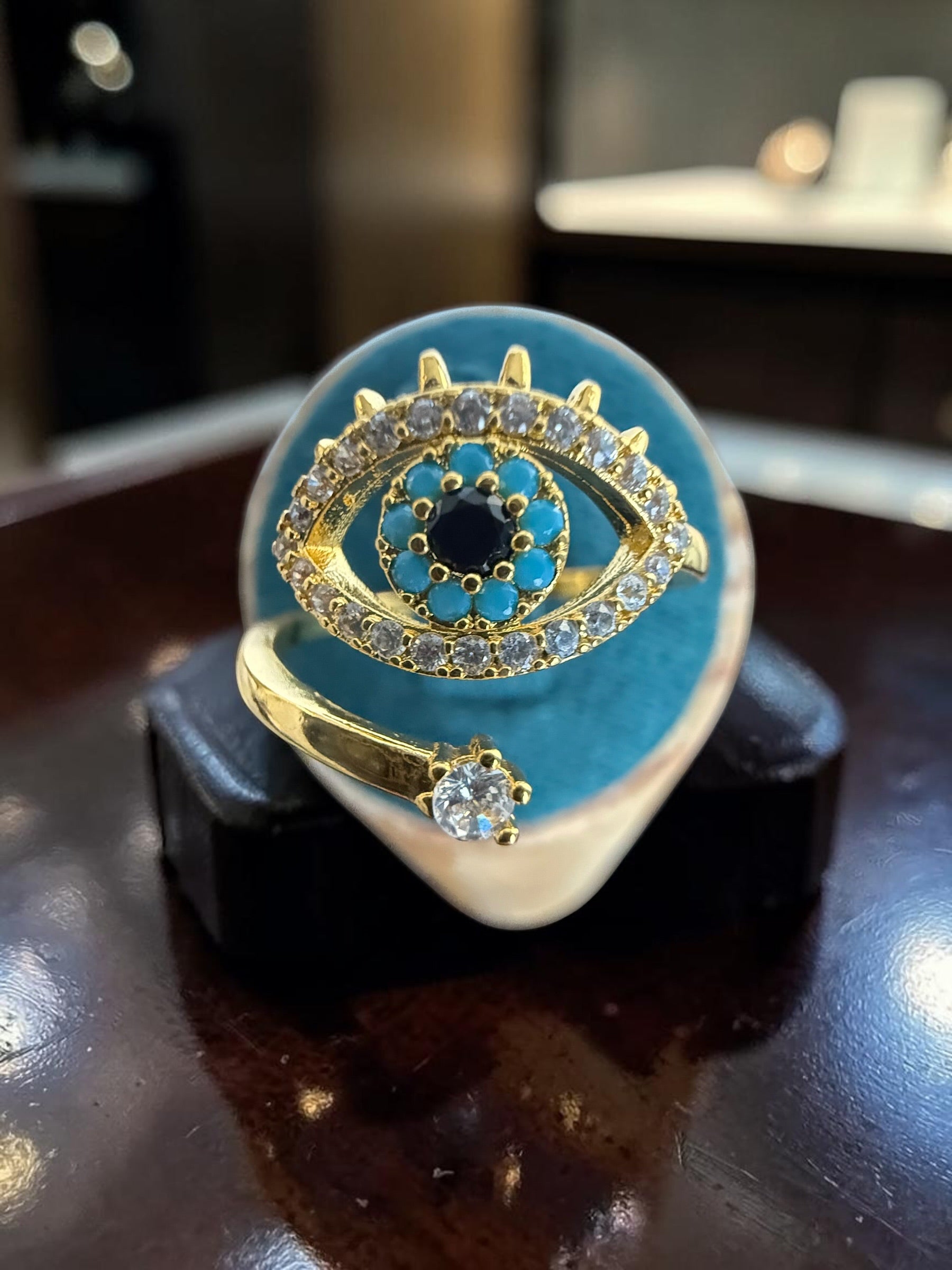 Gold Tone Turquoise Evil Eye Adjustable Bypass Statement Ring 7151