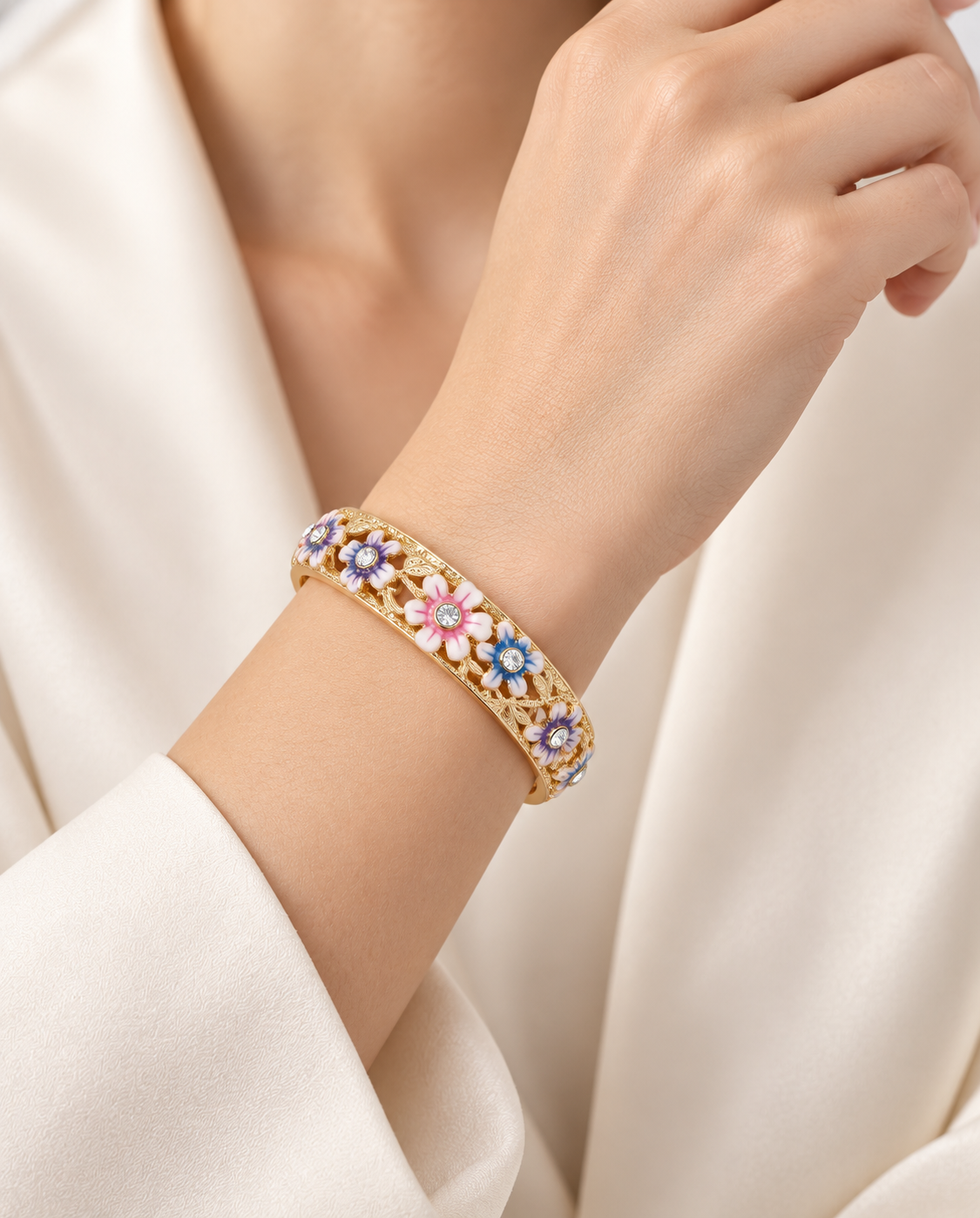 Gold-Tone Floral Enamel Openable Bangle Bracelet for Women