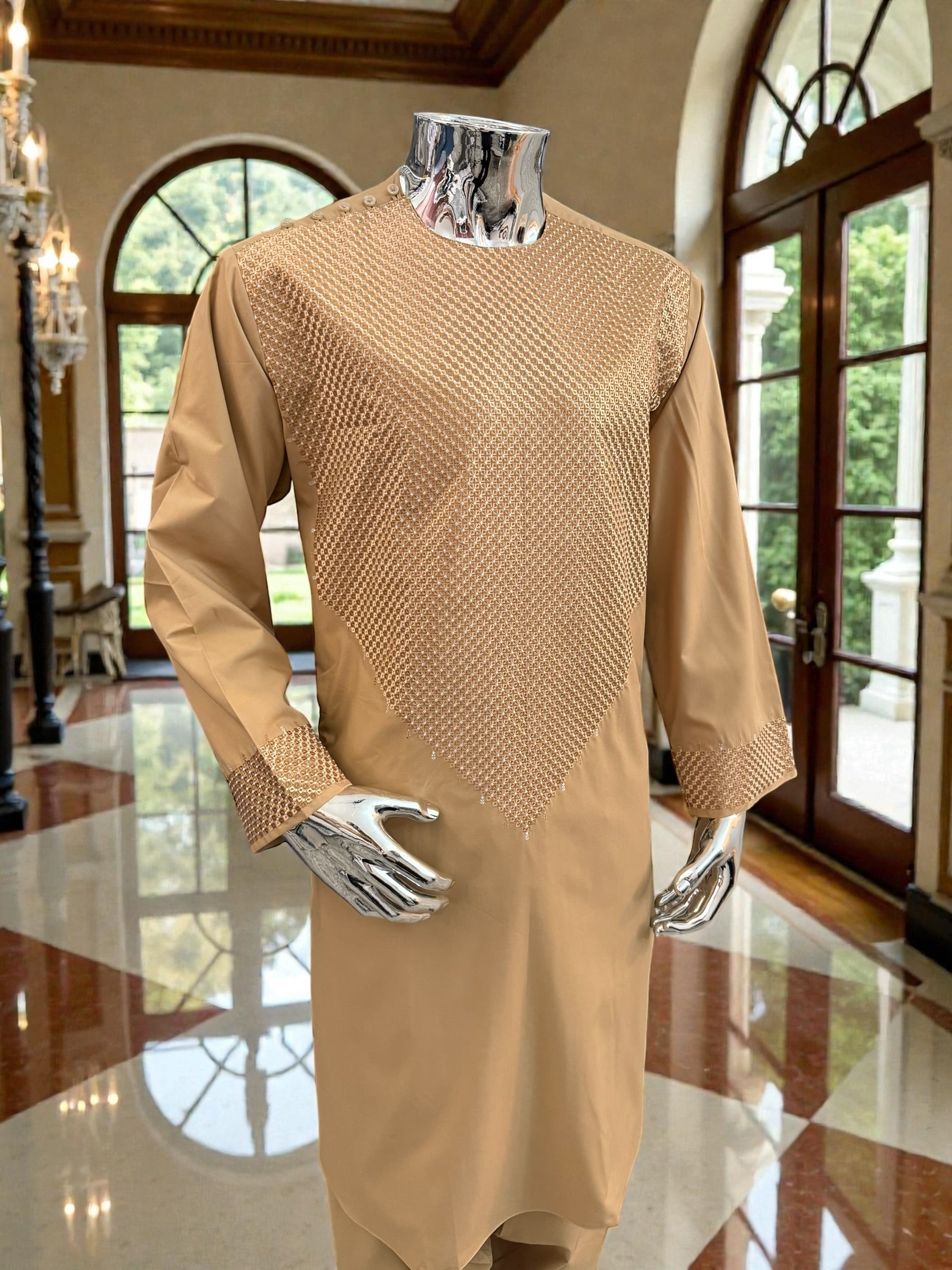 Large Golden Tan Afghan Parahan Tumban with Matching Khamak-Style V-Pattern Embroidery – Men’s Traditional Wear