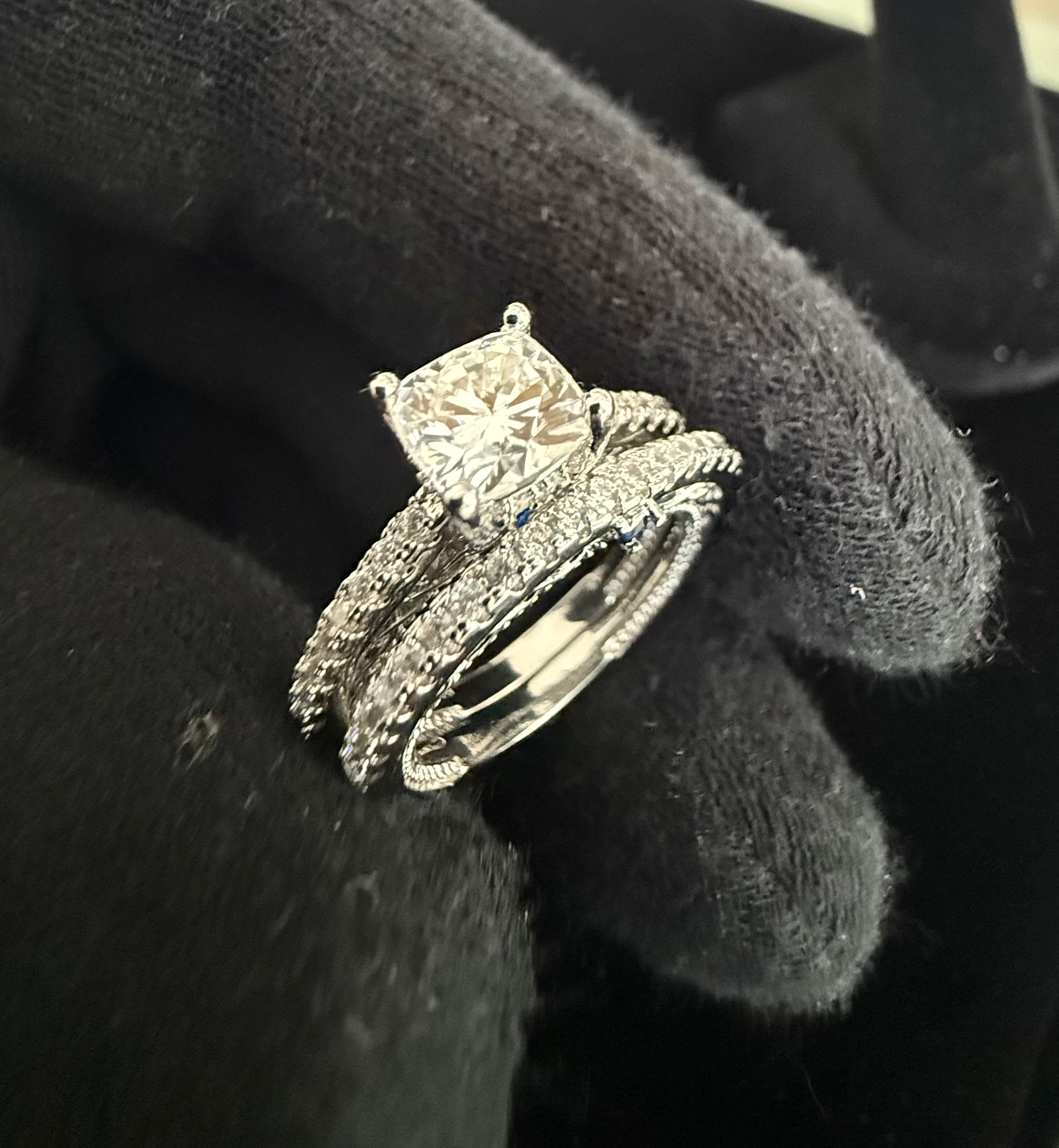 Size 5 Sterling Silver Cushion Cut Moissanite Bridal Ring Set | Infinity Twist Pavé Engagement & Wedding Band.  6011